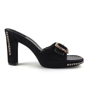 VS Tawnee Black Leather Suede Heel Mule Slide On Sandal Shoes White Stitch 6M